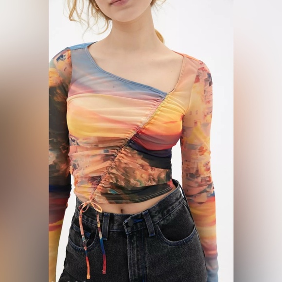 URBAN OUTFITTERS Shona Cinched Mesh Top in Multi Colors Size Small - Picture 1 of 8